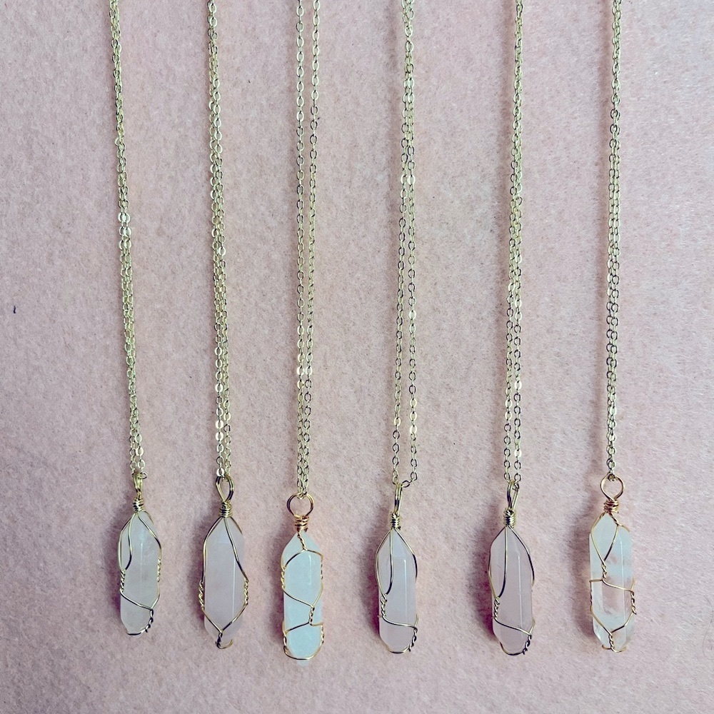 Beautiful gold wrap rose quartz crystal necklaces